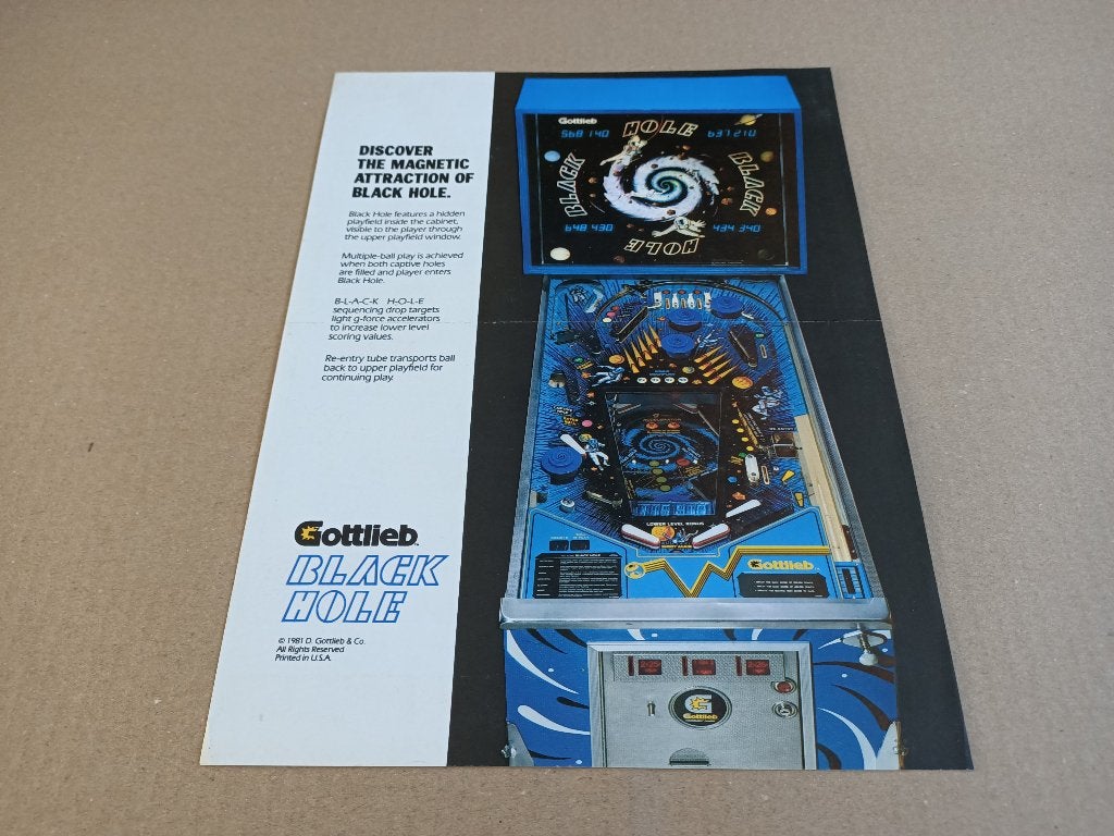 Flyer: Gottlieb Black Hole (1981) Flipperkast, Verzamelen, Verzenden, Gebruikt, Elektronisch, Flipperkast