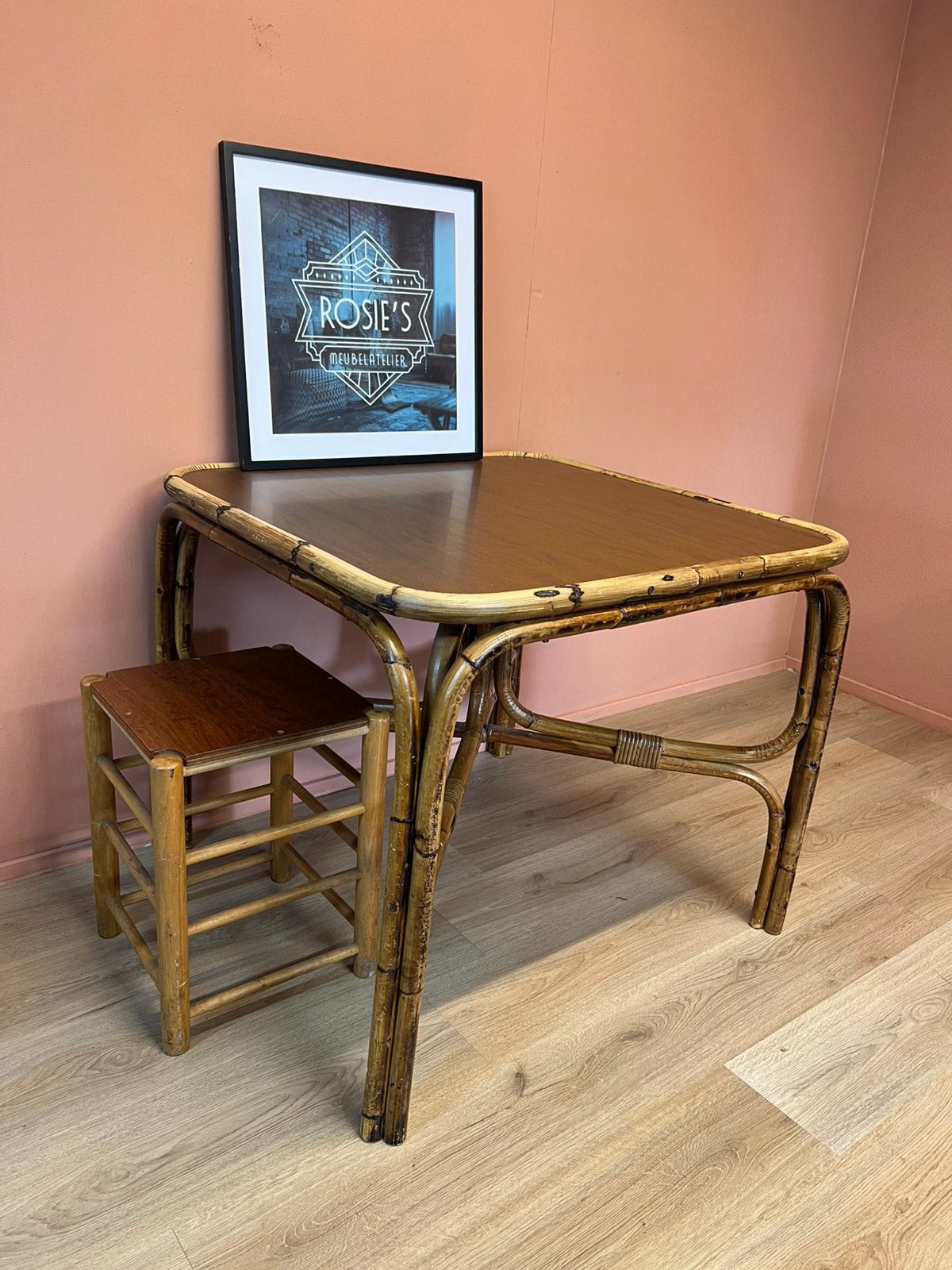 Vintage bamboe tafel / eettafel – jaren 70 boho design, Ophalen, Gebruikt, 50 tot 100 cm, .