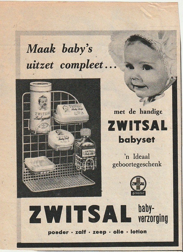 Retro reclame 1958 Zwitsal babyset rekje met poederbus, Verzamelen, Verzenden, Overige typen