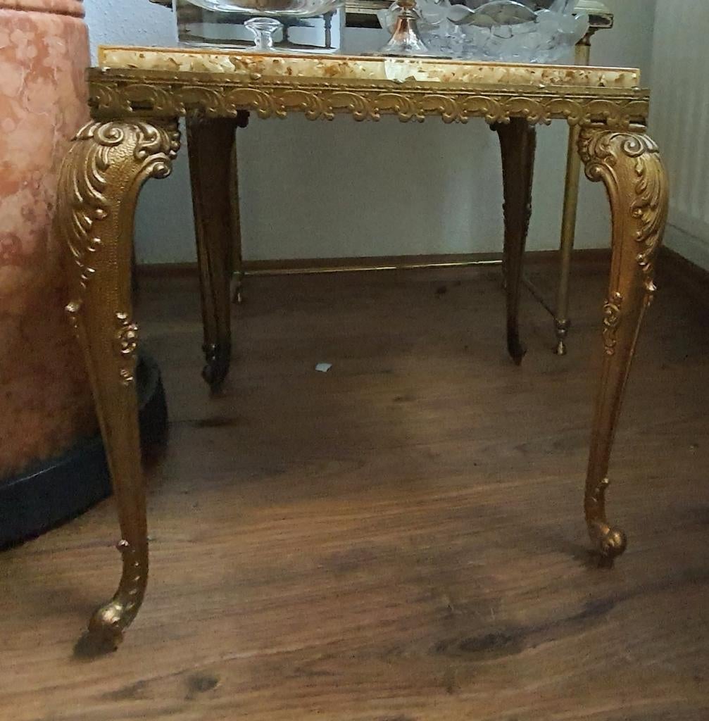 Retro Set van 2 marmeren bijzettafels met gouden pootjes, Ophalen