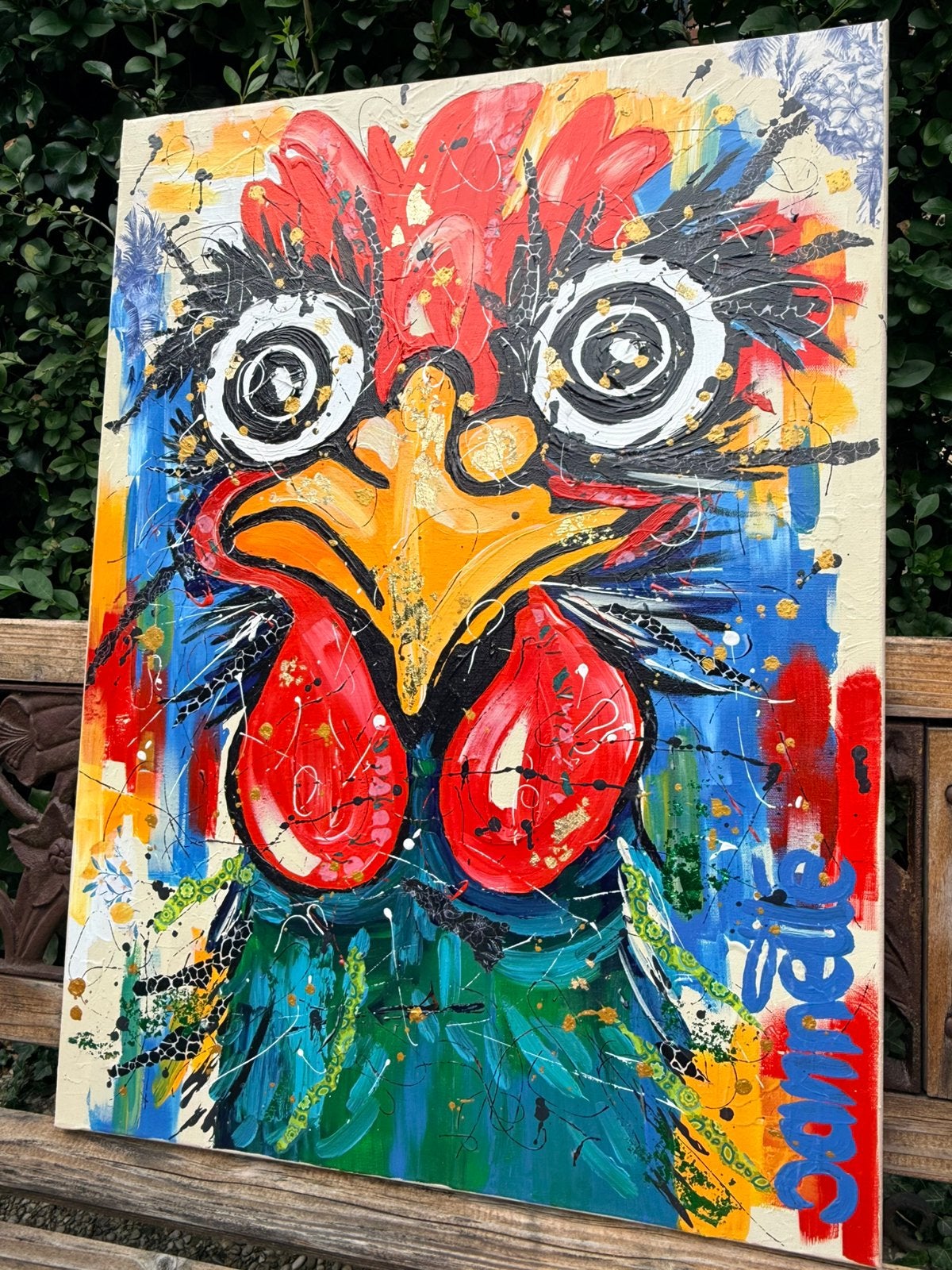 Schilderij Kip acryl mixed media, Antiek en Kunst, Ophalen of Verzenden