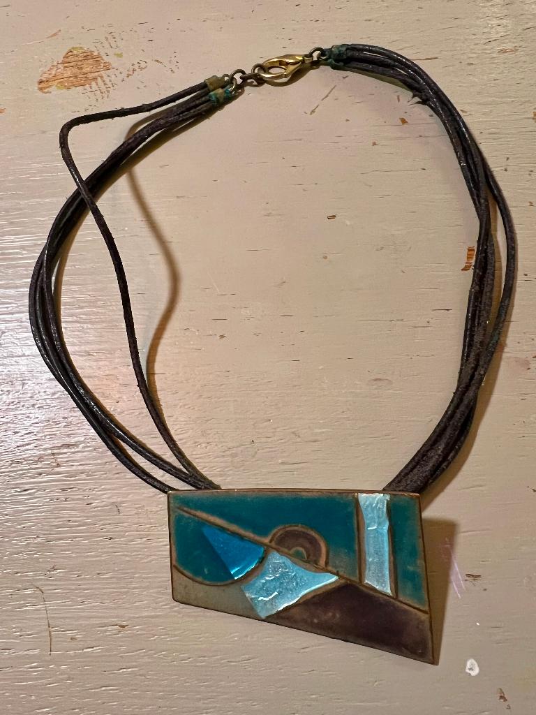 Vintage designers ketting kunst kettinghanger broche emaille, Overige materialen, Verstelbaar, Blauw, Ophalen of Verzenden