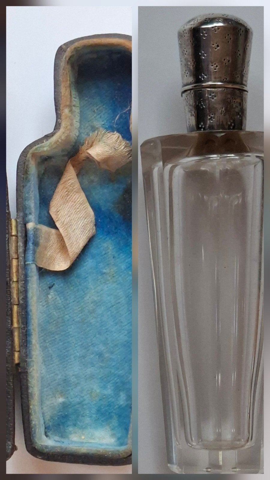 Antiek parfumflesje  zilveren dop in foudraal met binnenstop, Antiek en Kunst, Ophalen of Verzenden, Zilver