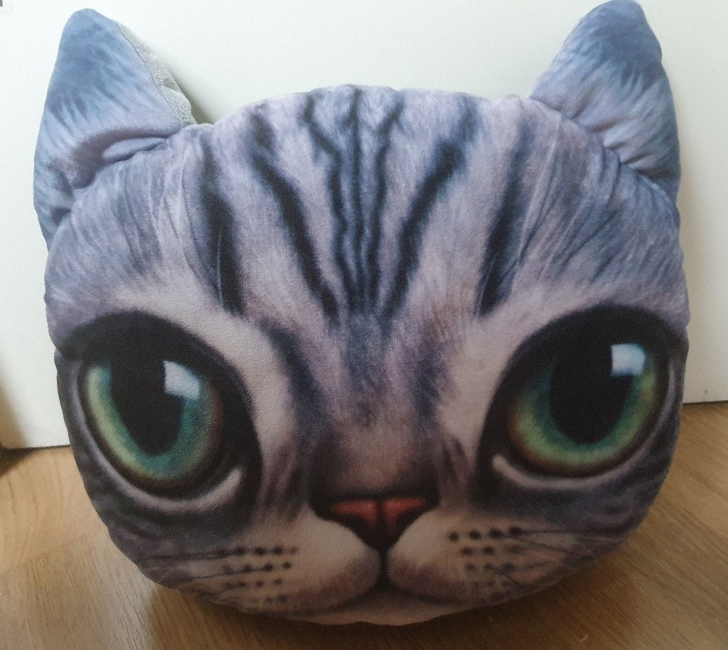 Kussen in de vorm van een kattenkop, Gebruikt, Ophalen of Verzenden, Sierkussen, Grijs
