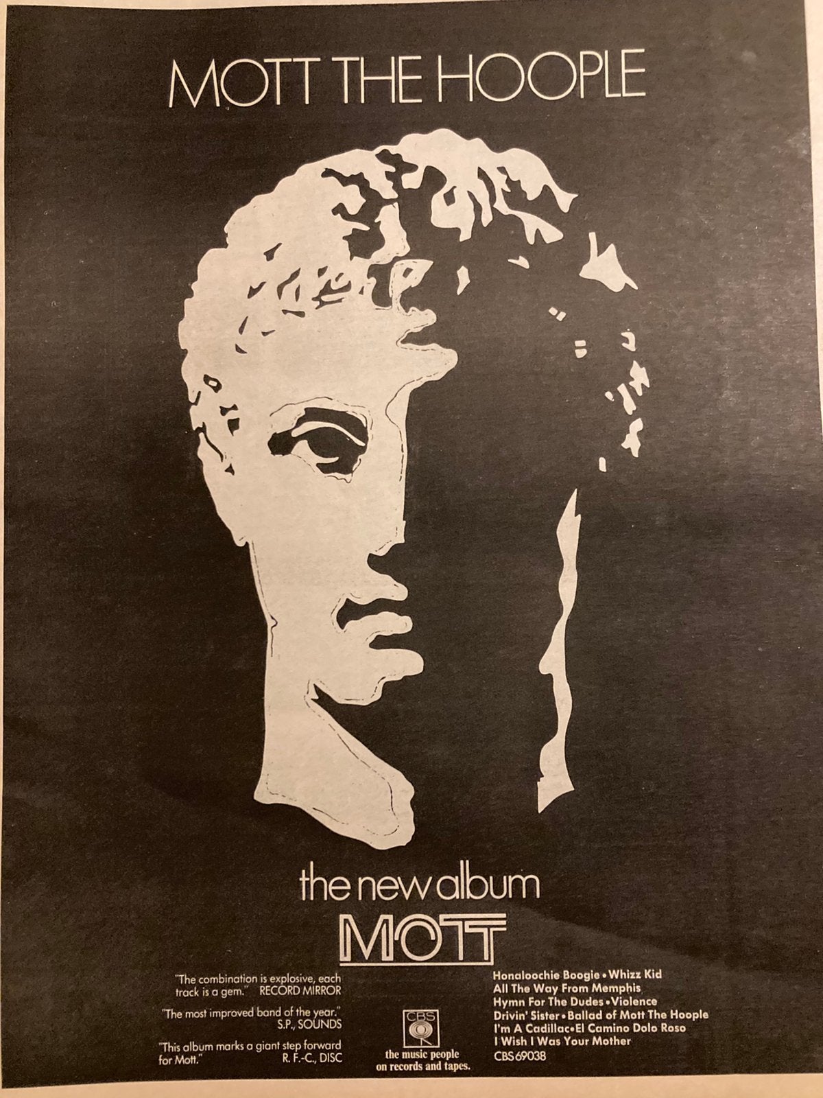 Paginagrote A3 advertentie MOTT THE HOOPLE Mott release, Cd's en Dvd's, Ophalen of Verzenden, Zo goed als nieuw