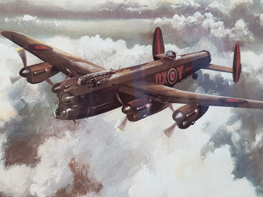 Mooie oude ingelijste militaria prent van een lancaster., Antiek en Kunst, Kunst | Litho's en Zeefdrukken, Ingelijst, Ophalen of Verzenden