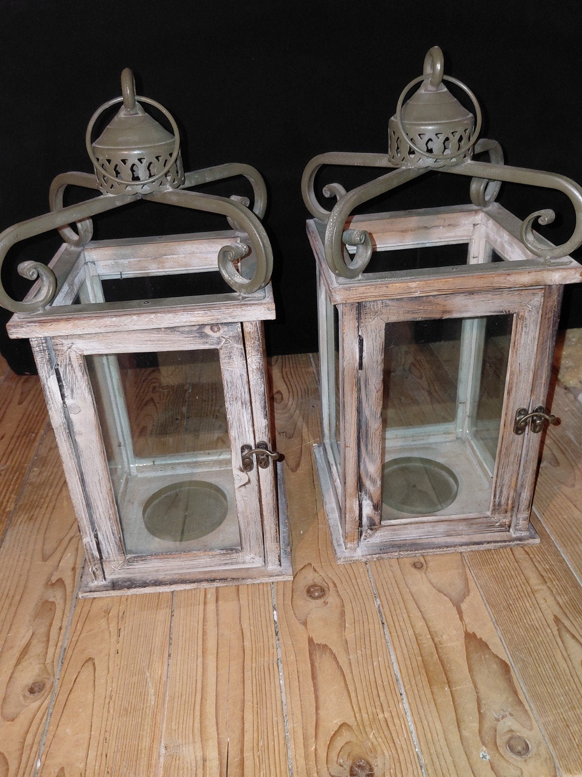Set van 2 houten lantaarns met metalen details, Ophalen, Gebruikt, Hout, Bruin