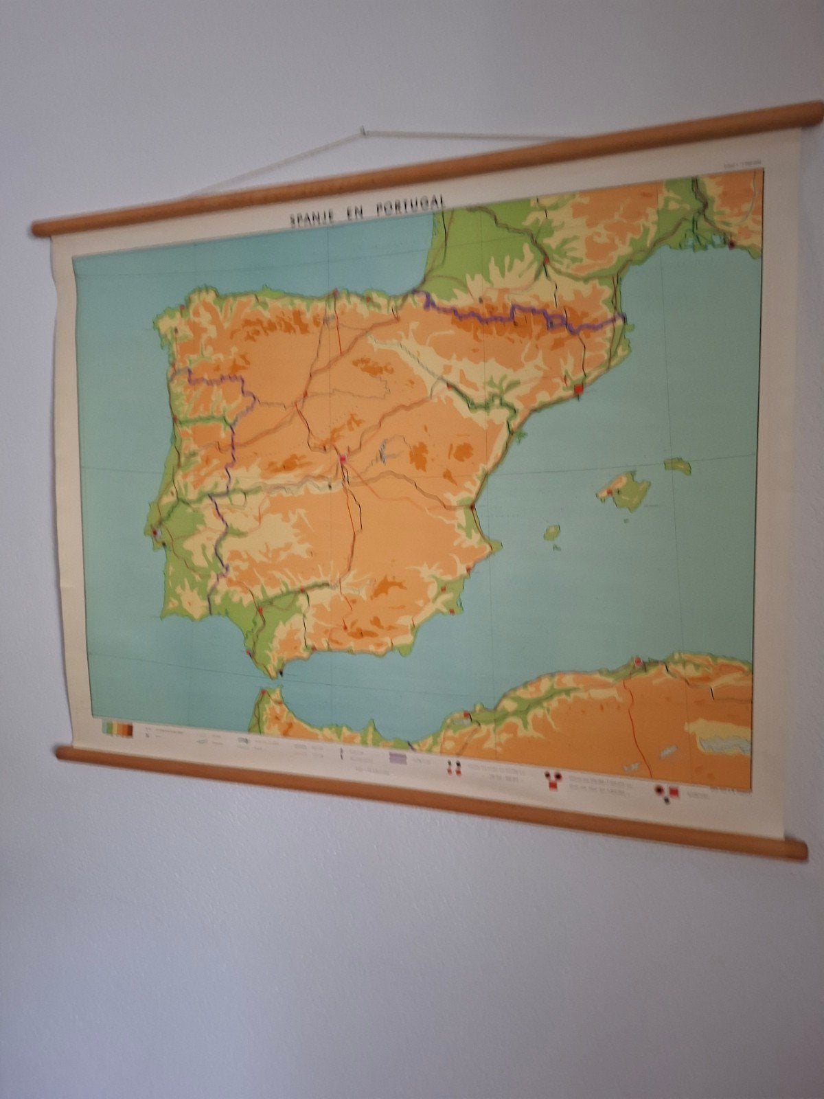 Vintage schoolkaart Spanje en Portugal 110x85 cm, Ophalen