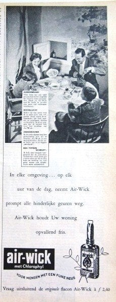 4 vintage advertenties Air Wick luchtverfrisser 53-62, Ophalen of Verzenden, Gebruikt, Reclamebord
