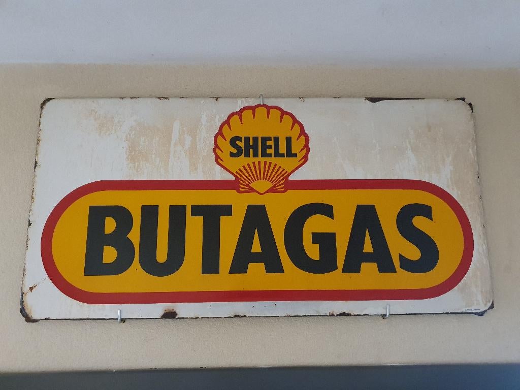 Shell butagas emaille bord, Verzamelen, Merken en Reclamevoorwerpen, Ophalen, Gebruikt, Reclamebord