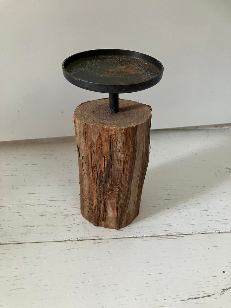 Kaarsenstanaard hout bruin boomstam metaal, Ophalen of Verzenden, Zo goed als nieuw, Bruin, Hout