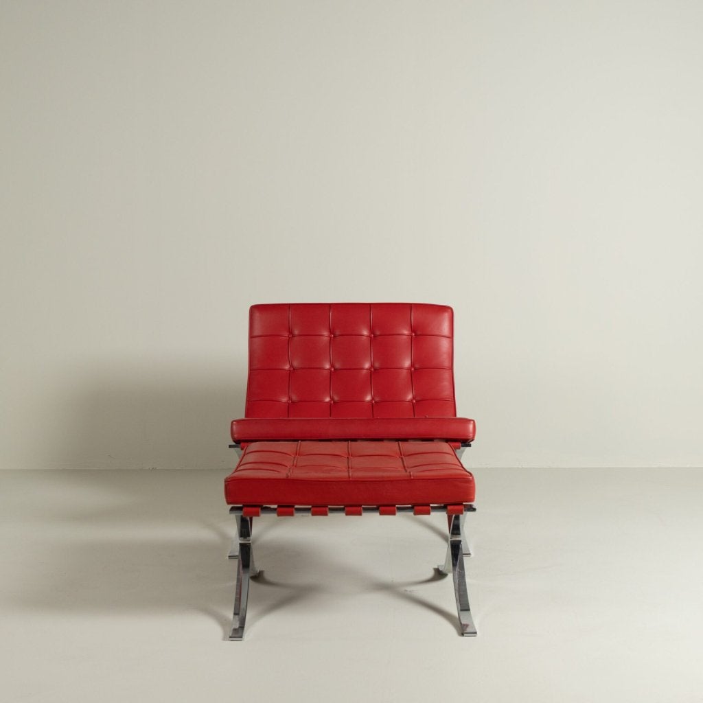Knoll Barcelona Fauteuil Rood Leer + Hocker, Niet ingevuld, Minder dan 75 cm, Niet ingevuld, Zo goed als nieuw