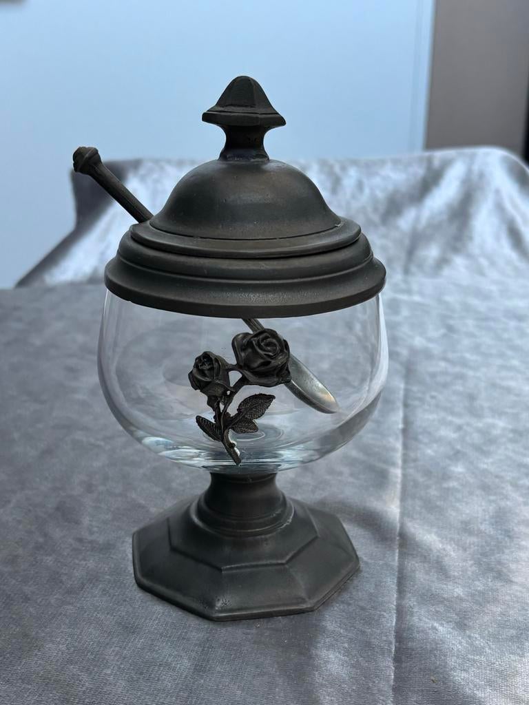 Glazen suikerpot met gemerkt tin en roos decoratie, Ophalen of Verzenden