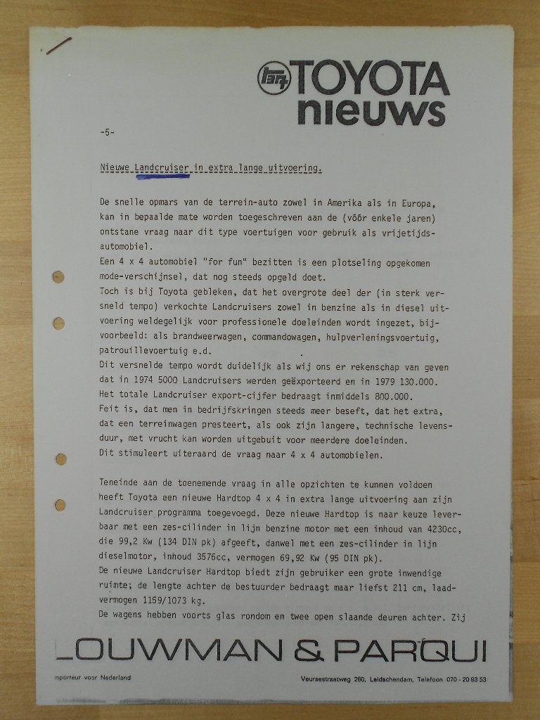 Toyota LandCruiser Persbrief Brochure 1980 HJ FJ, Toyota, Ophalen of Verzenden, Zo goed als nieuw, Toyota