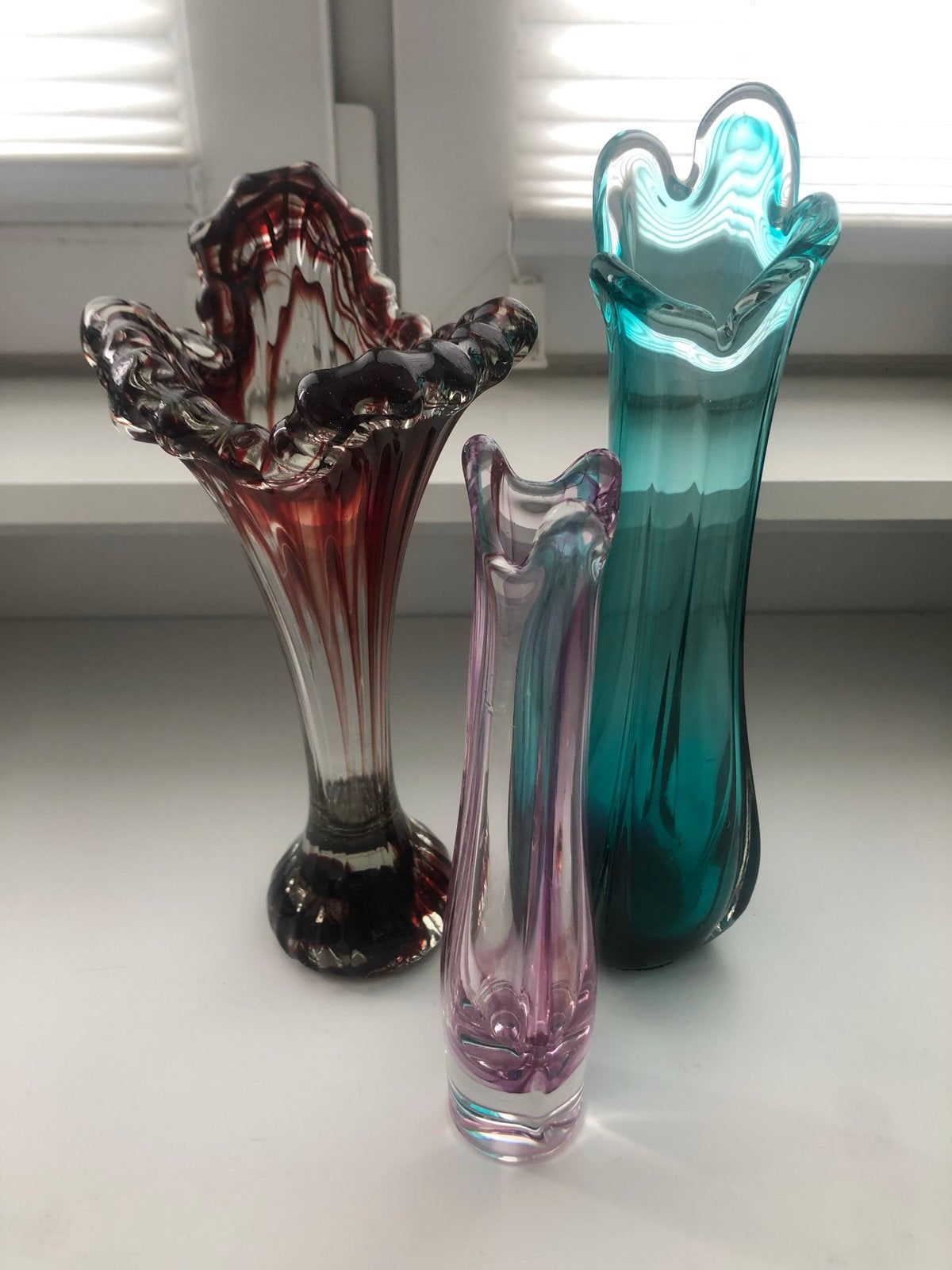 Set van 3 vintage glazen vazen in diverse kleuren, Antiek en Kunst, Ophalen of Verzenden