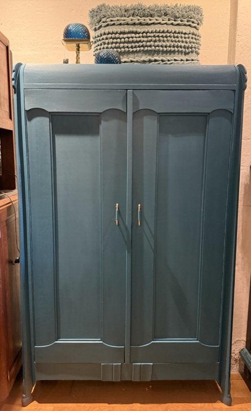 Vintage kast, oude meidenkast, Art Deco kastje petrol VdlM, Ophalen, 100 tot 150 cm, Zo goed als nieuw, Antieke brocante legkast servieskast ondiep turquoise