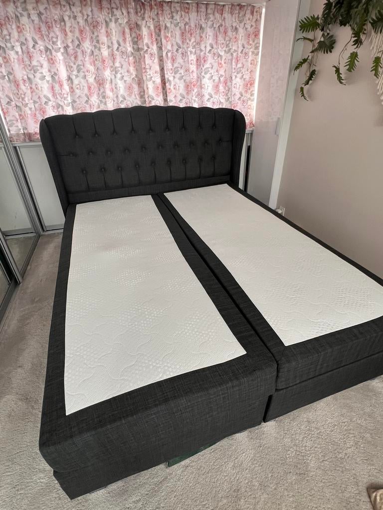 Boxspring met hoofdbord en topmatras 160x200 cm, Ophalen, Tweepersoons, Zo goed als nieuw, 200 cm