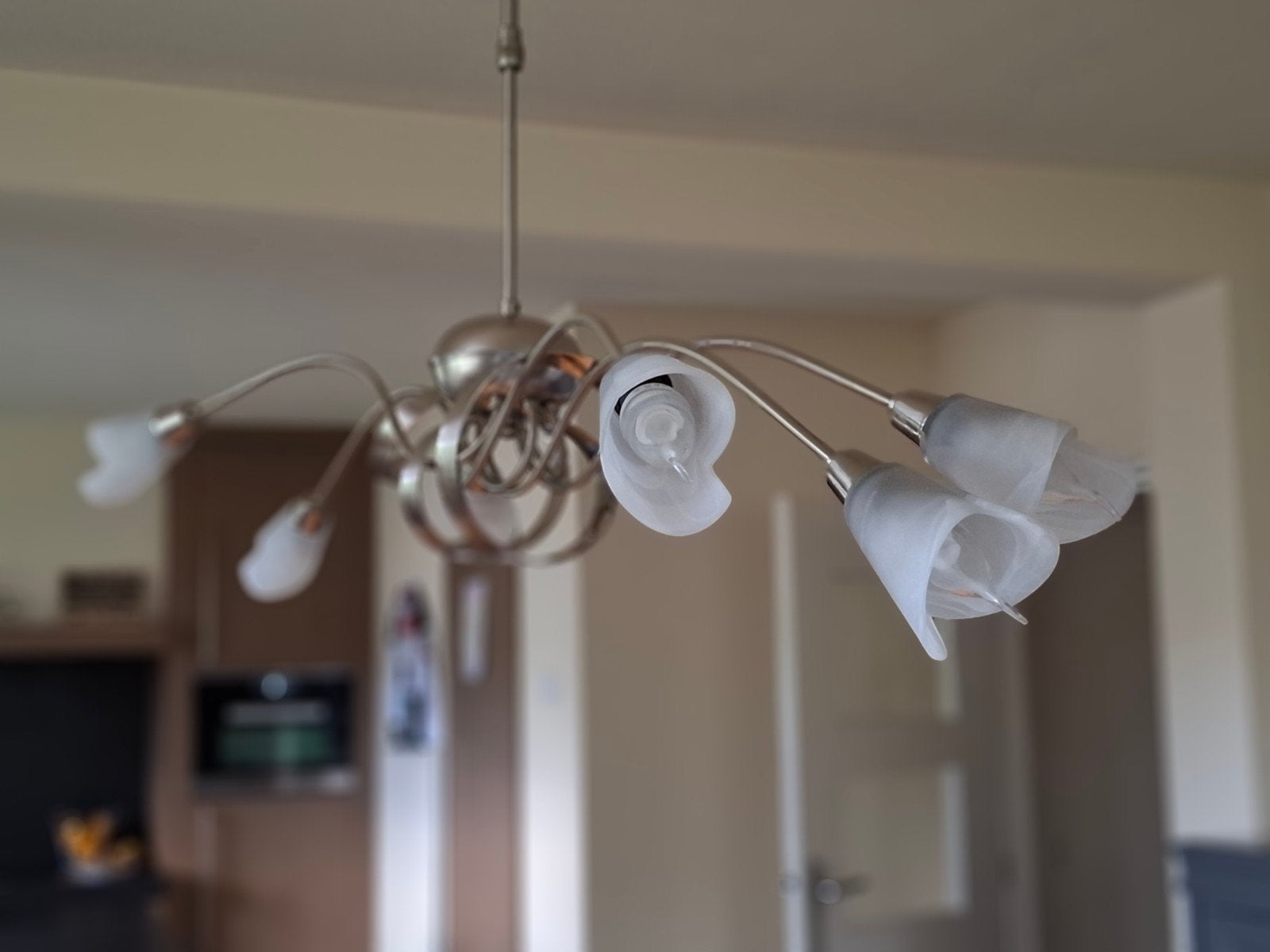 Moderne hanglamp met 8 armen en glazen kappen, Ophalen, E14 (klein), Zo goed als nieuw, Glas