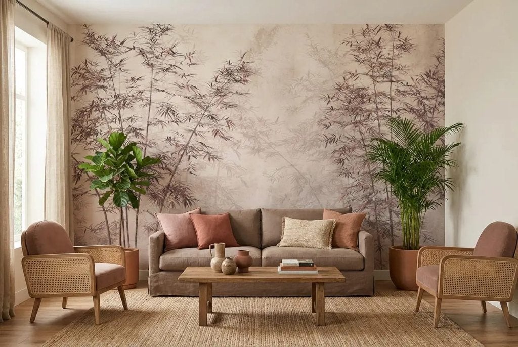 Bamboe behang slaapkamer – beige nevel op maat, Bladeren, Meerkleurig, Natuurlijk, Overige merken