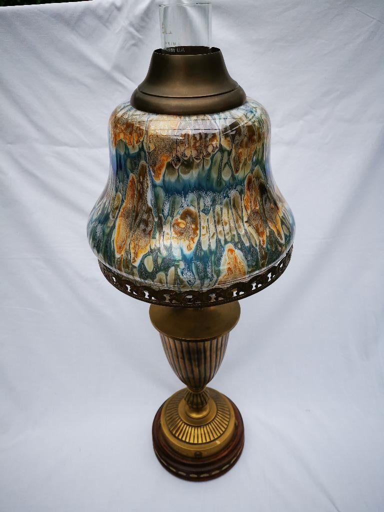 antiek olielamp Art Nouveau Drip Glas Kap en Ideal Brenner, Ophalen of Verzenden
