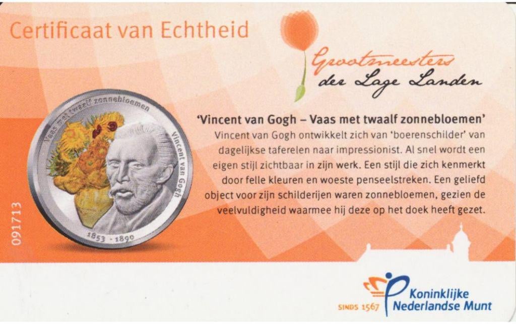 Nederland Vincent van Gogh-penning in kleur in coincard, Ophalen of Verzenden, Koningin Beatrix, Overige waardes, Losse munt