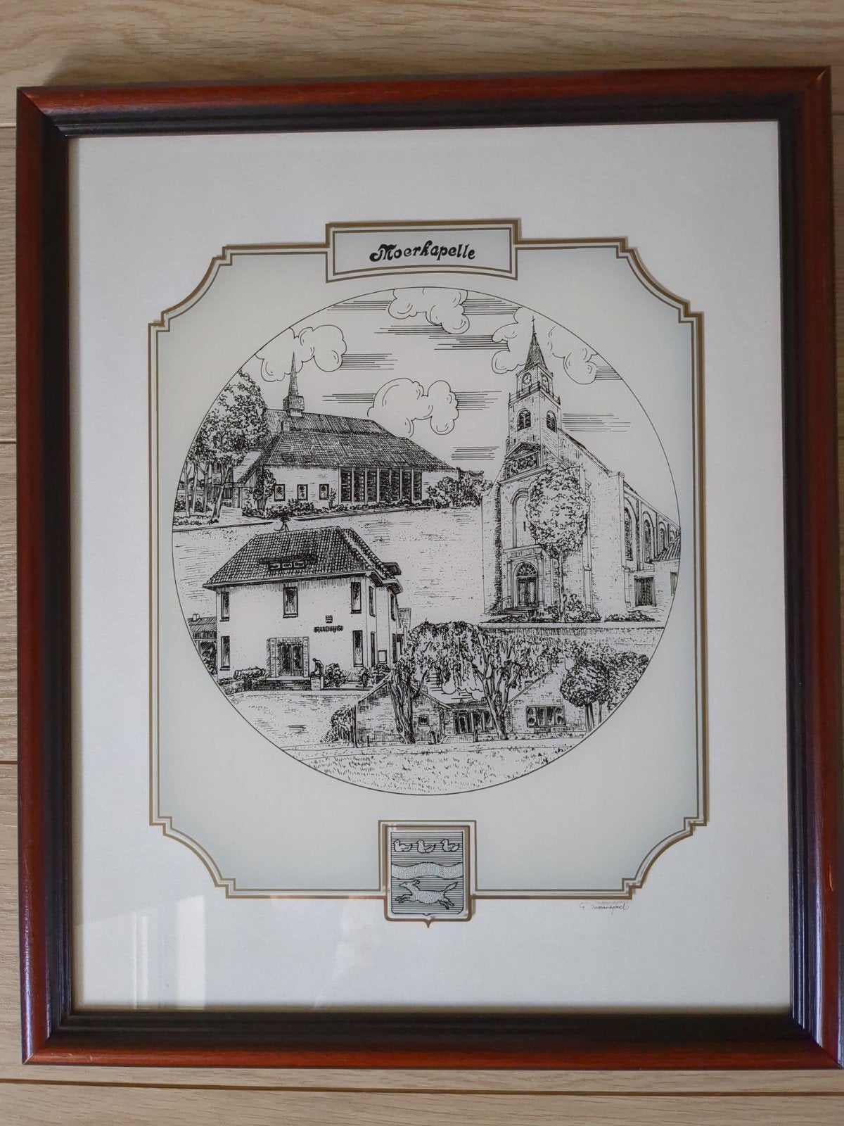 Glasgravure van Moerkapelle in lijst - Gerard Swaenepoel, 46 cm, 1950 - 1999, Stadsgezicht, Ingelijst