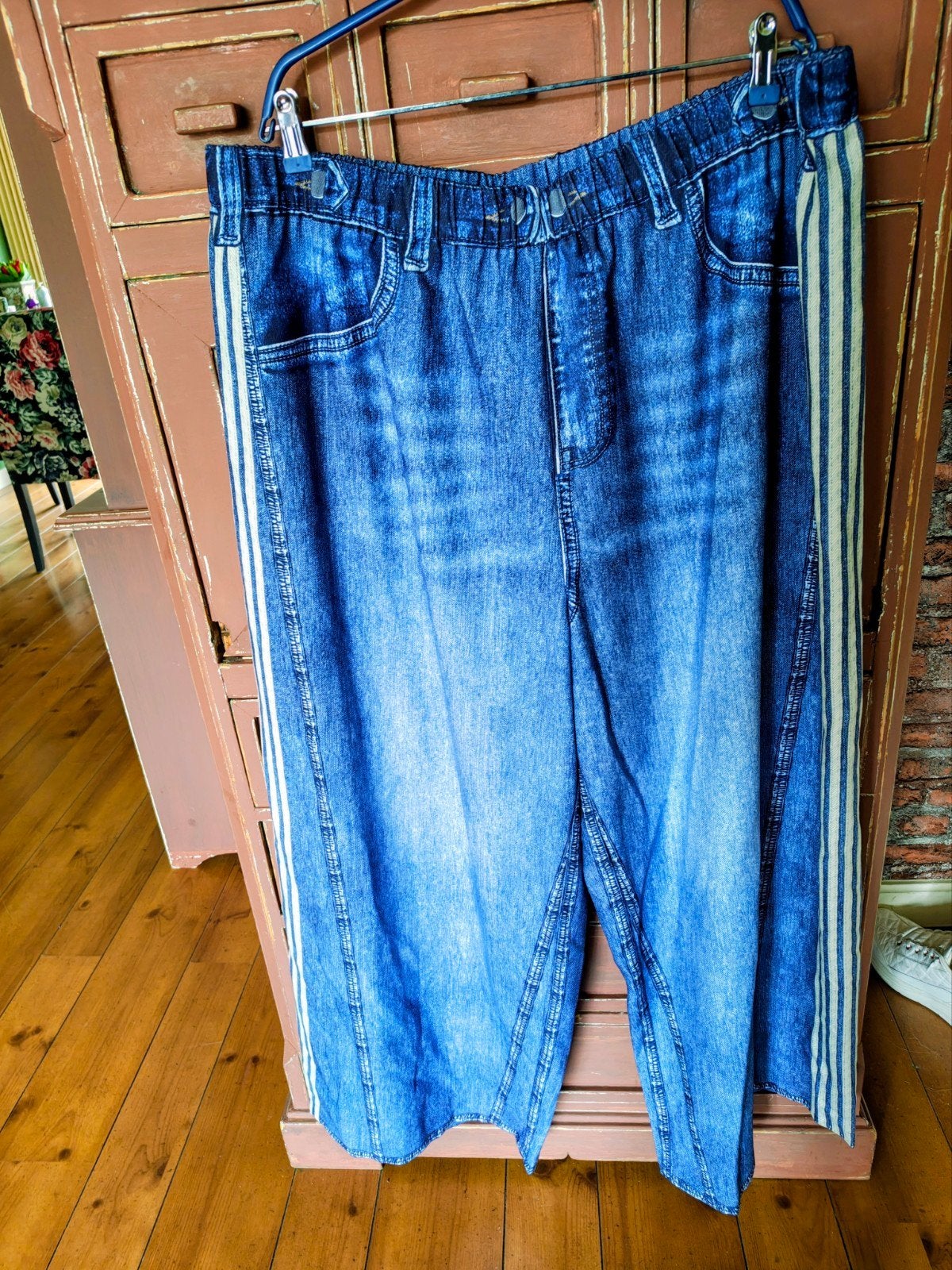 broek baggy wide leg spijkerprint 4x xl 48 50 52 54, Kleding | Dames, Grote Maten, Ophalen of Verzenden, Zo goed als nieuw, Blauw