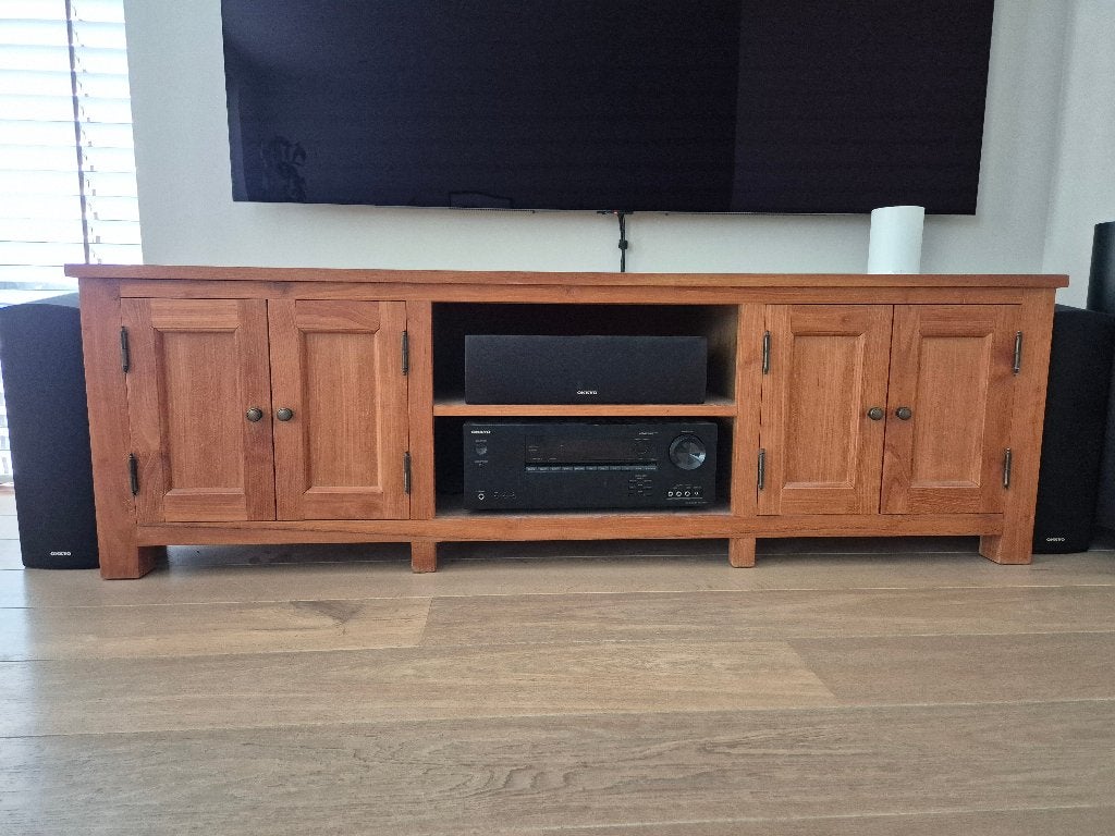 Massief teakhouten tv-meubel met opbergruimte, Ophalen, Gebruikt, 100 tot 150 cm, Teakhout