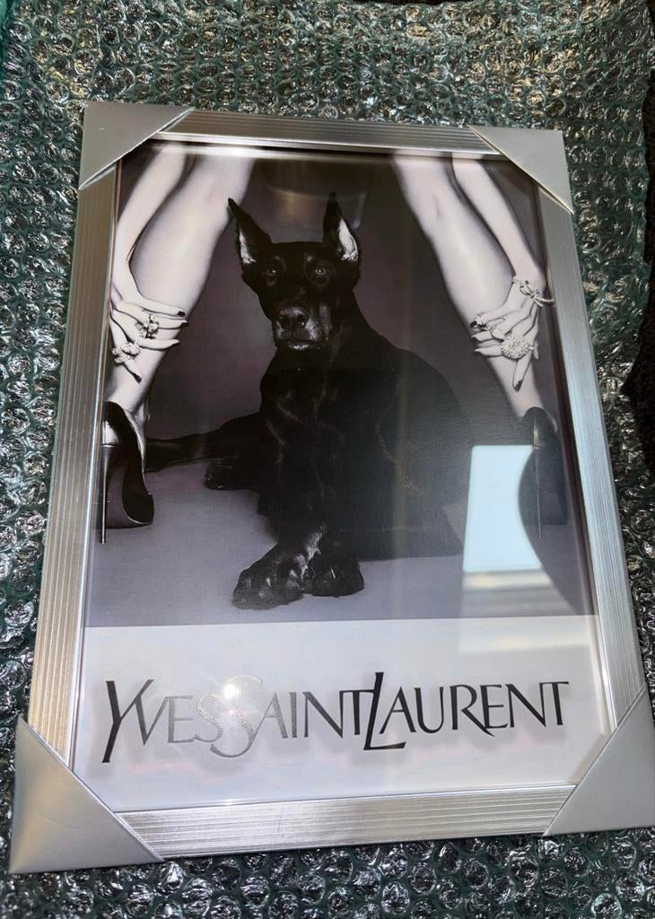 YSL Yves Saint Laurent poster met hond en benen, Oorspronkelijke maker, Ophalen of Verzenden, Zo goed als nieuw, Foto of Poster