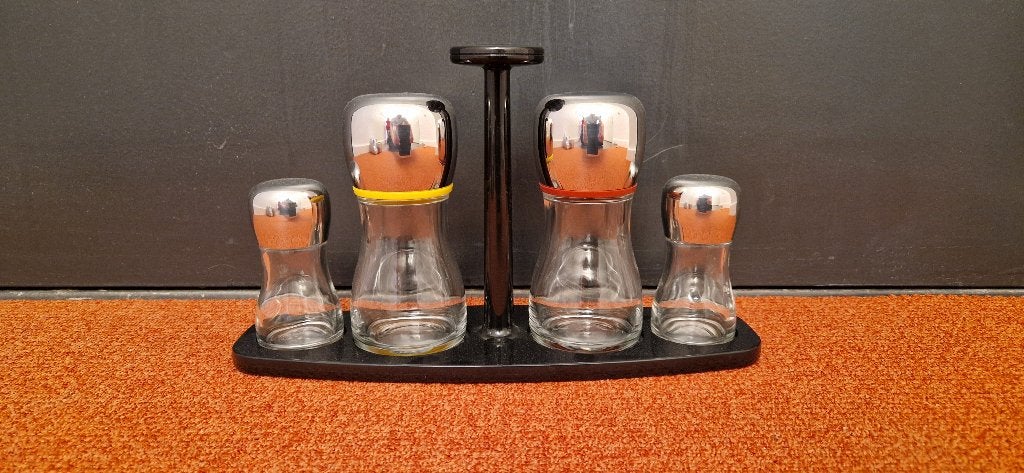 Alessi – Marc Newson – Olie-, azijn-, peper- en zoutset, Ophalen of Verzenden, Zo goed als nieuw, Alessi, Meerkleurig