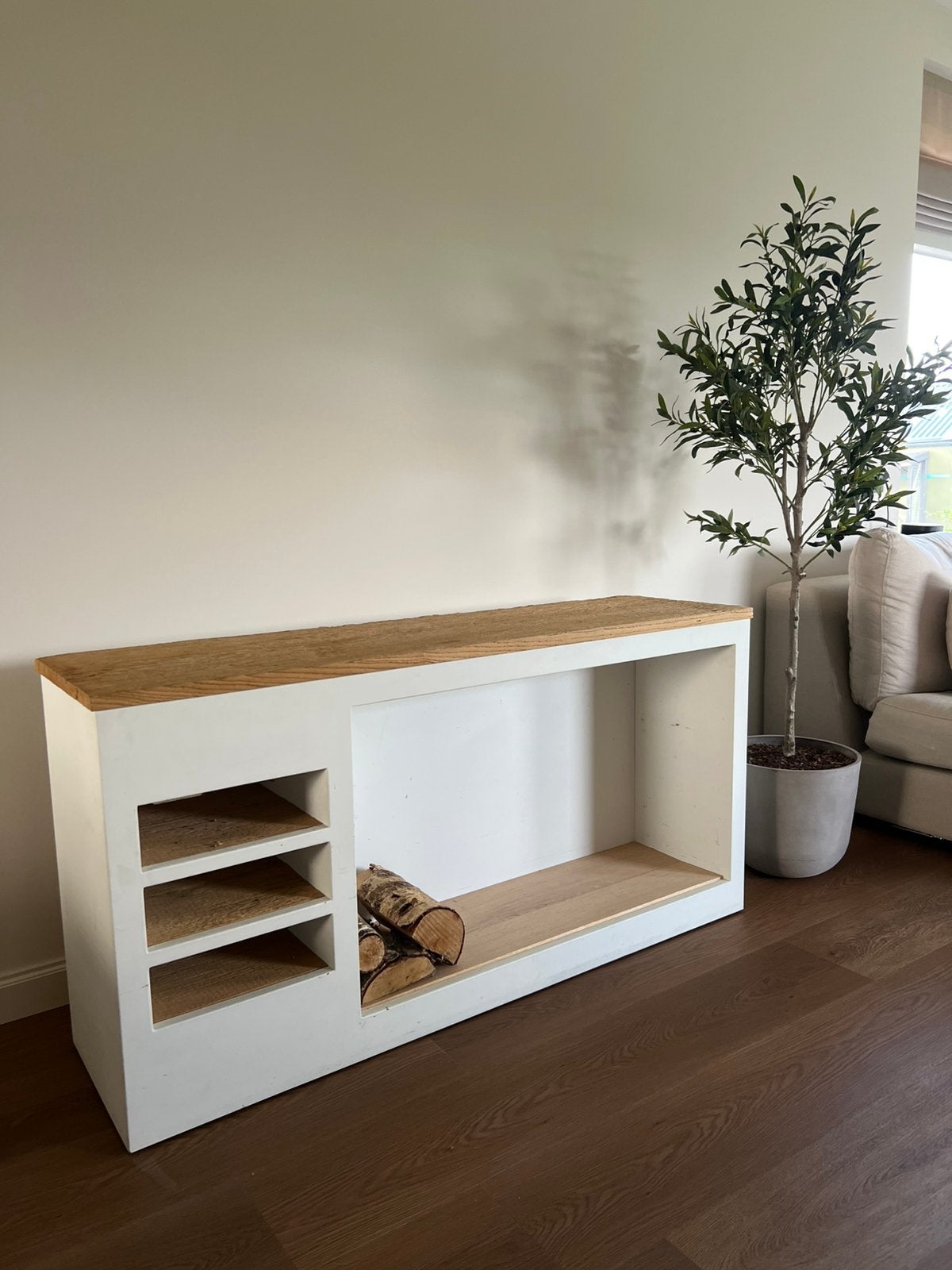 Maatwerk eiken tv meubel houtopslag modern japandi, Huis en Inrichting, Kasten | Televisiemeubels, Zo goed als nieuw, Minder dan 100 cm