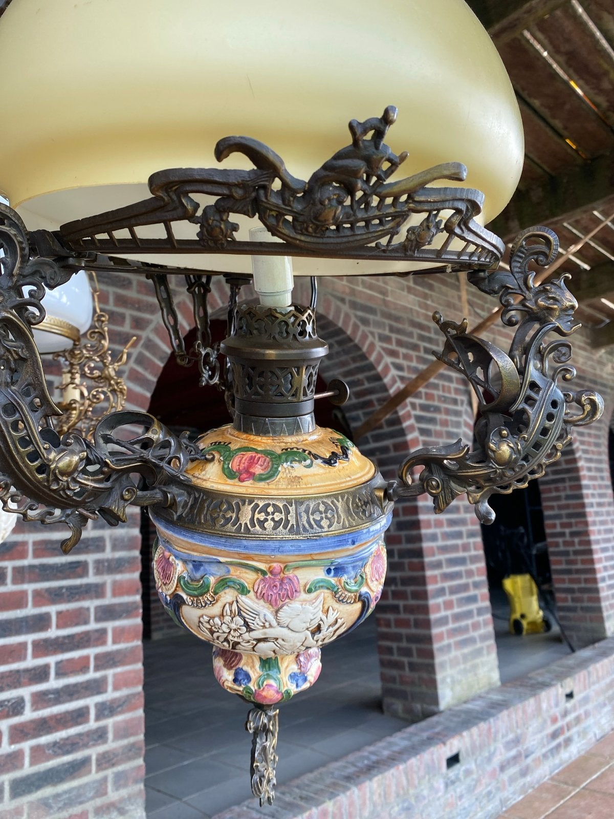 Vintage Plafondlamp met Koper en Geglazuurd Porselein, Antiek en Kunst, Antiek | Lampen, Ophalen of Verzenden