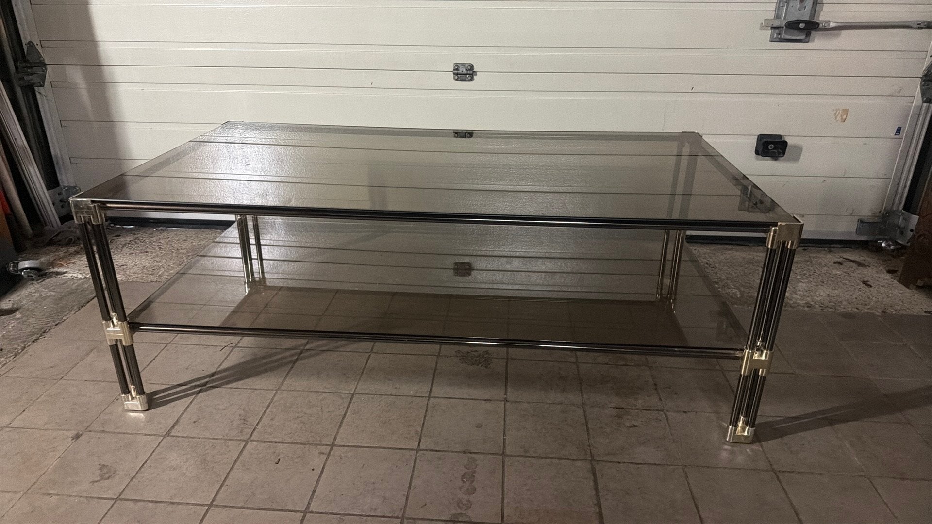 Pierre Vandel Salontafel – Chroom, Messing & Lucite Jaren 70, Ophalen, Gebruikt, 100 tot 150 cm, 50 tot 100 cm