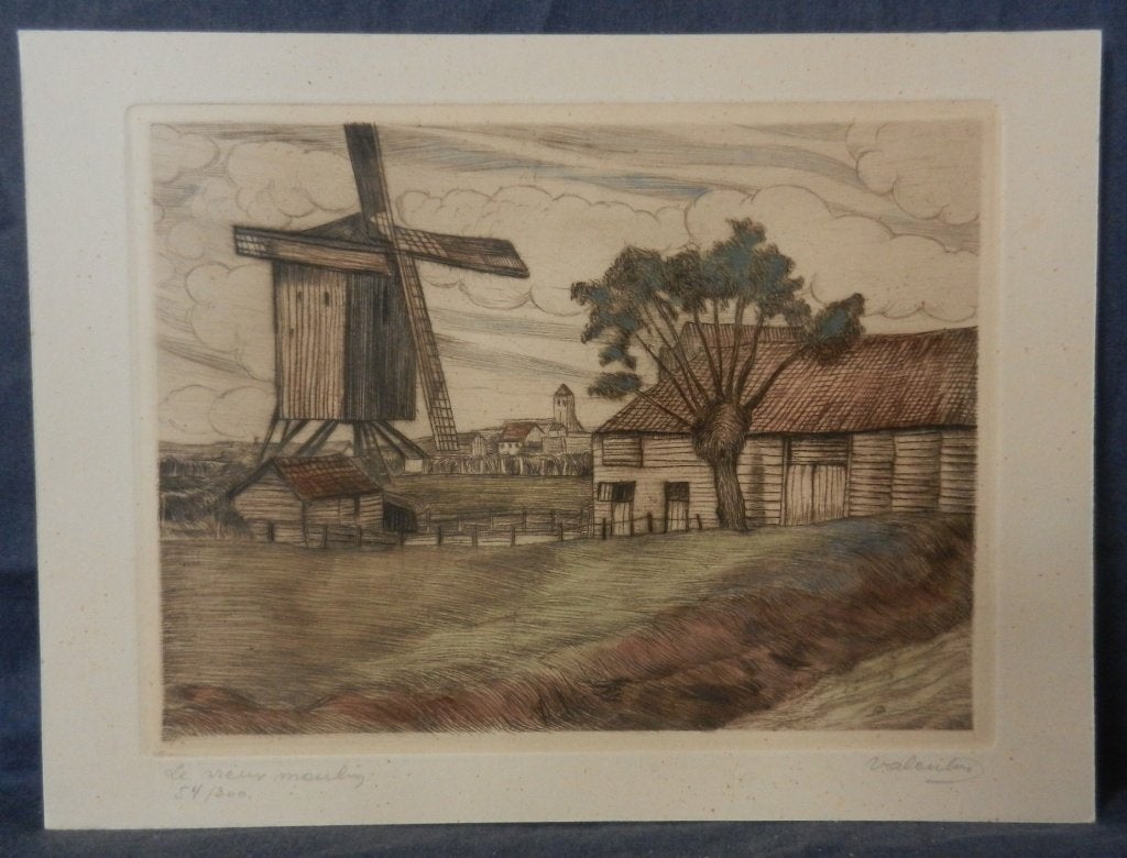 Kleurets Le vieux moulin , onleesb gesign. hxb: 15,0x19,8 cm, Gesigneerd, Ets, Ophalen of Verzenden, 15 cm