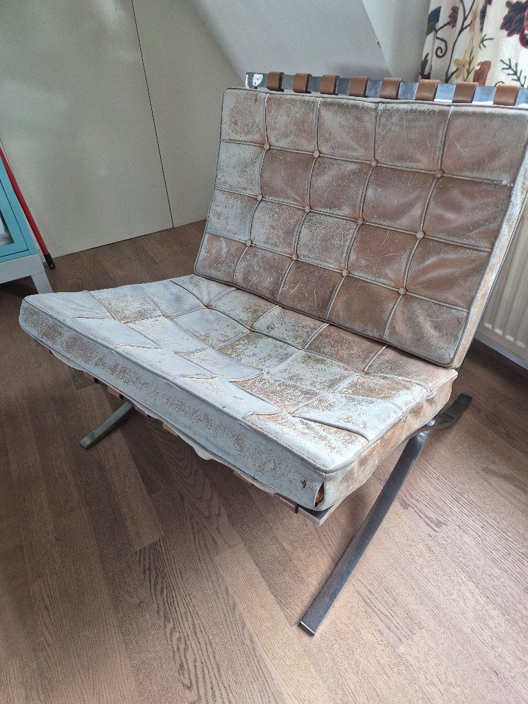 Vintage Barcelona stoel begin jaren 1960- Leer en Metaal, Gebruikt, Bruin, Ophalen of Verzenden, Eén