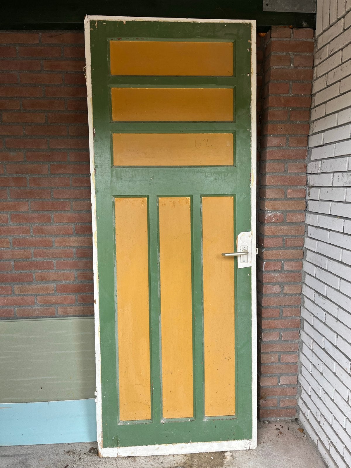 Vintage Binnendeur Hout 78x205 cm Groen/Geel, Gebruikt, Minder dan 80 cm, Binnendeur, Ophalen of Verzenden