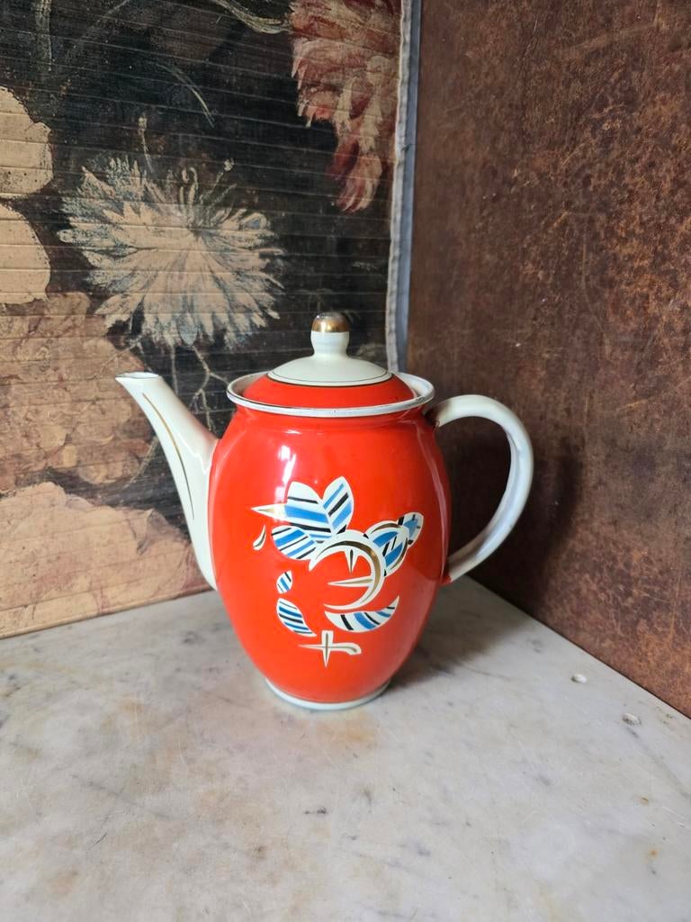 Oranje creme emaille koffiepot art deco, Ophalen of Verzenden