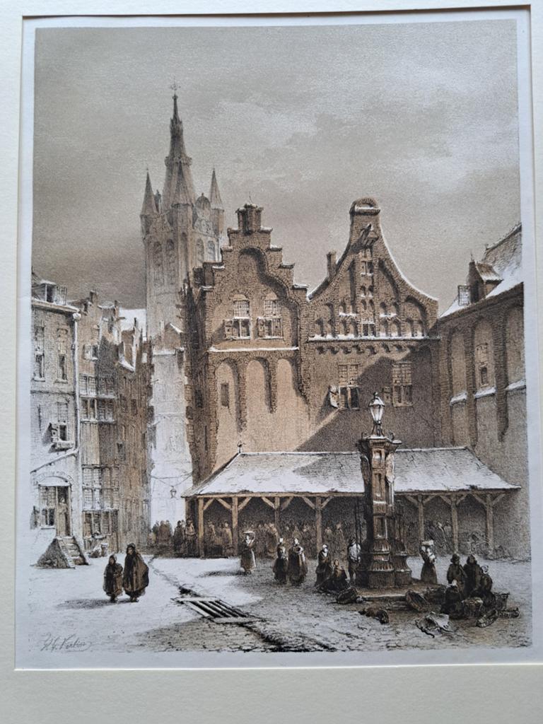 Prachtig 19e-eeuwse litho P.G.. Vertin - stadsgezicht Delft, Antiek en Kunst, Ophalen of Verzenden