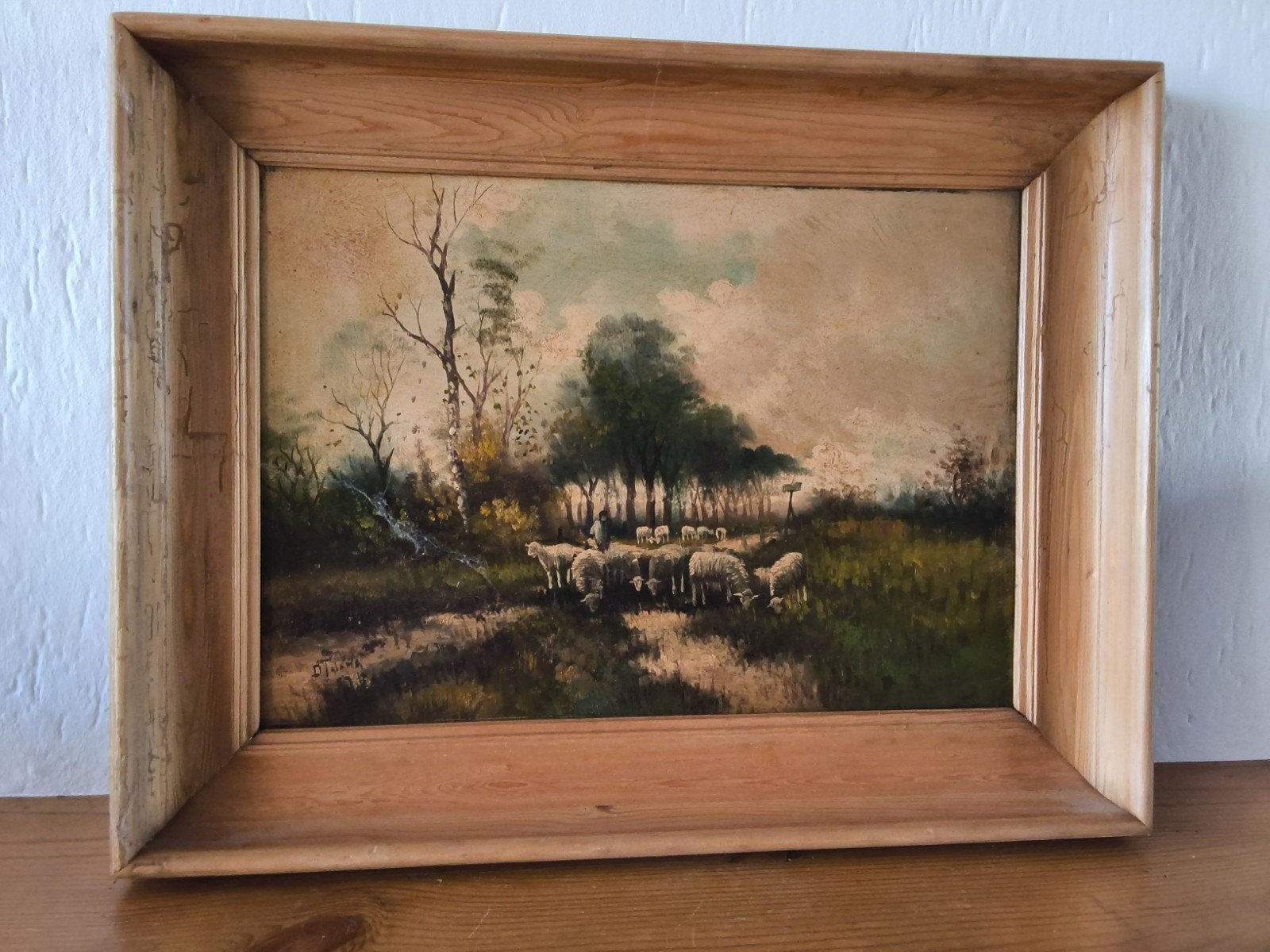Olieverfschilderij met schapen en herder, gesigneerd, Antiek en Kunst, Ophalen of Verzenden