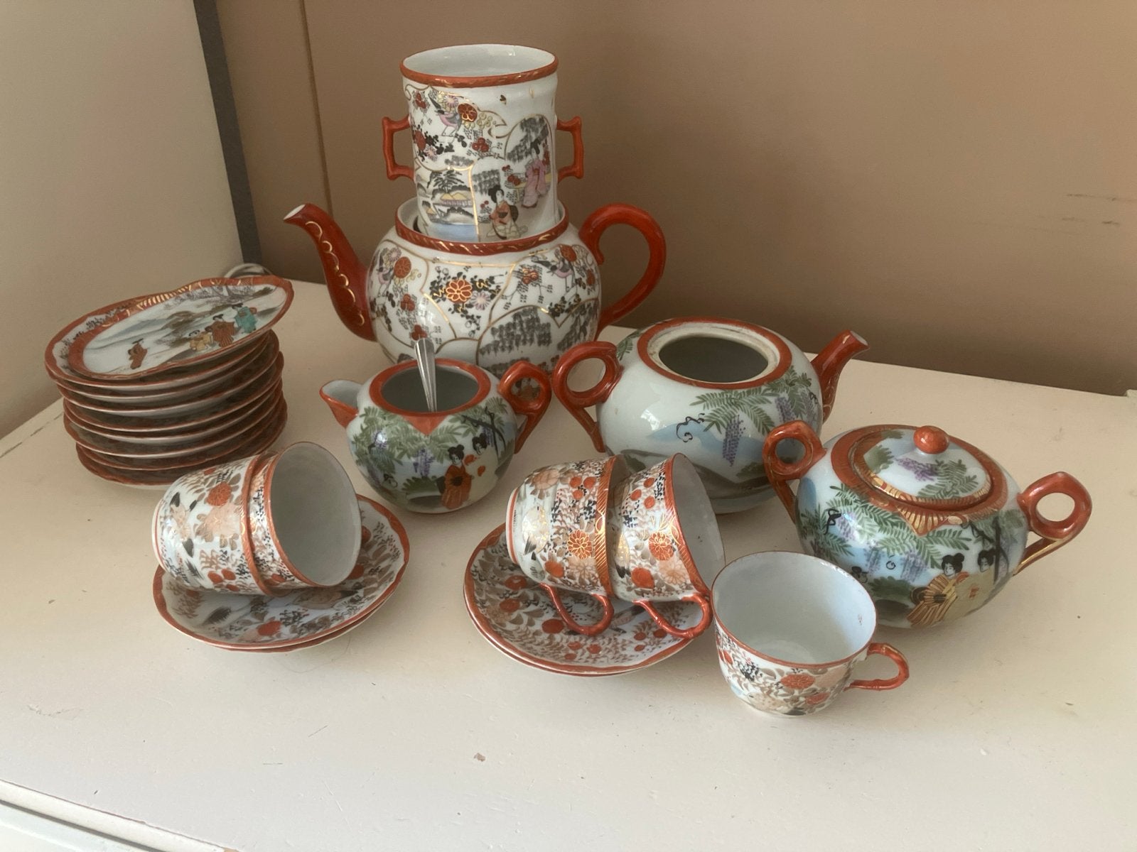Antiek Japans theeservies met geisha en draak motieven, Ophalen of Verzenden