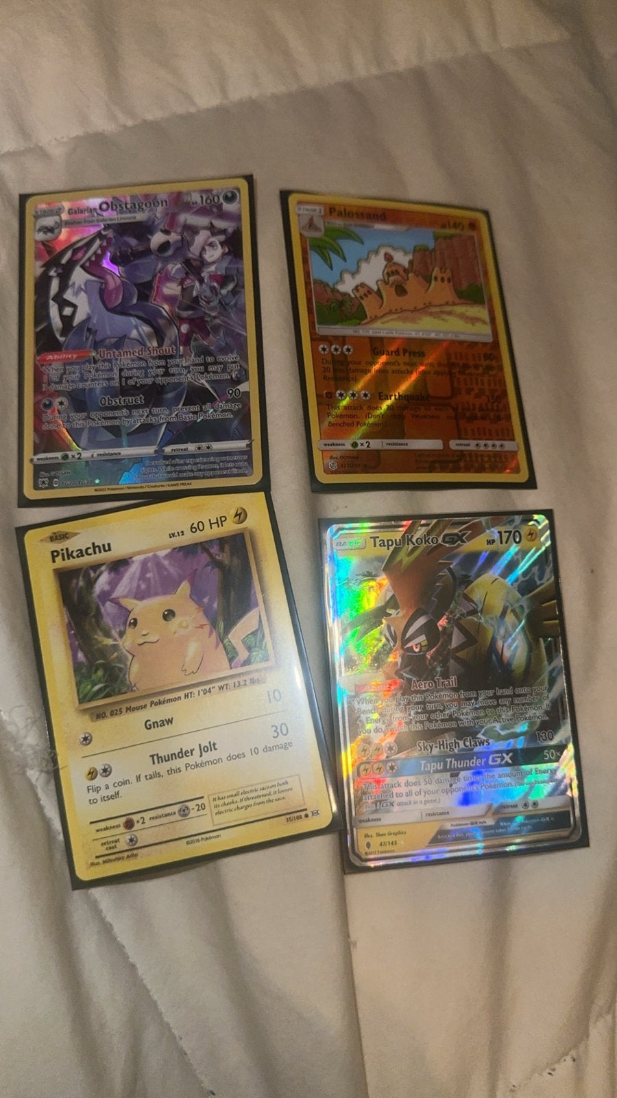 Pokémon Kaarten: Obstagoon, Palossand, Pikachu, Tapu Koko GX, Hobby en Vrije tijd, Ophalen of Verzenden, Zo goed als nieuw, Meerdere kaarten
