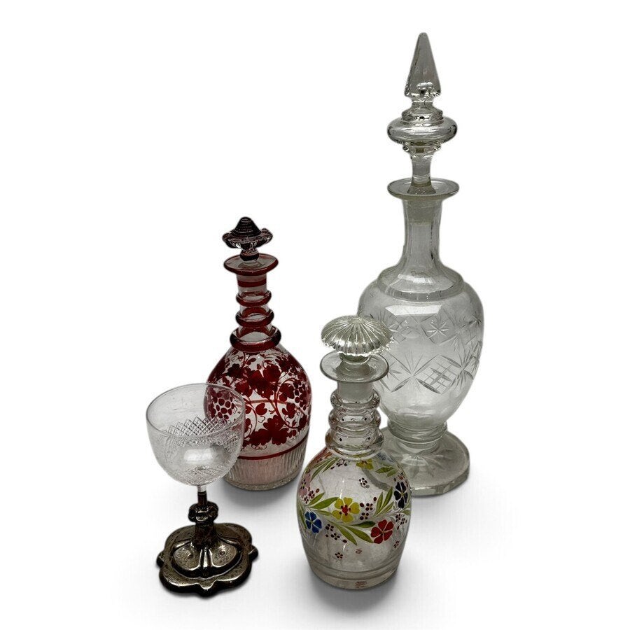 Lot kristal (4x), o.a. wijnglas met zilveren voet, Antiek en Kunst, Ophalen of Verzenden
