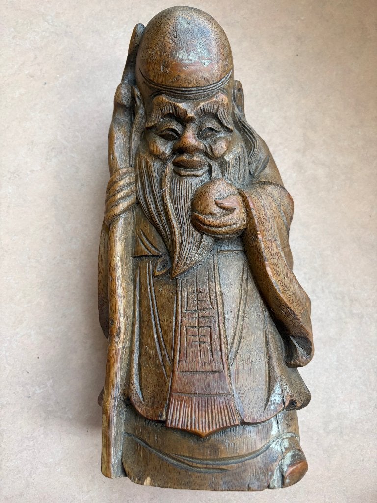 Houten Chinese geluksgod Shou Lao, 28.5 cm, Hout, Bruin, Ophalen of Verzenden, China
