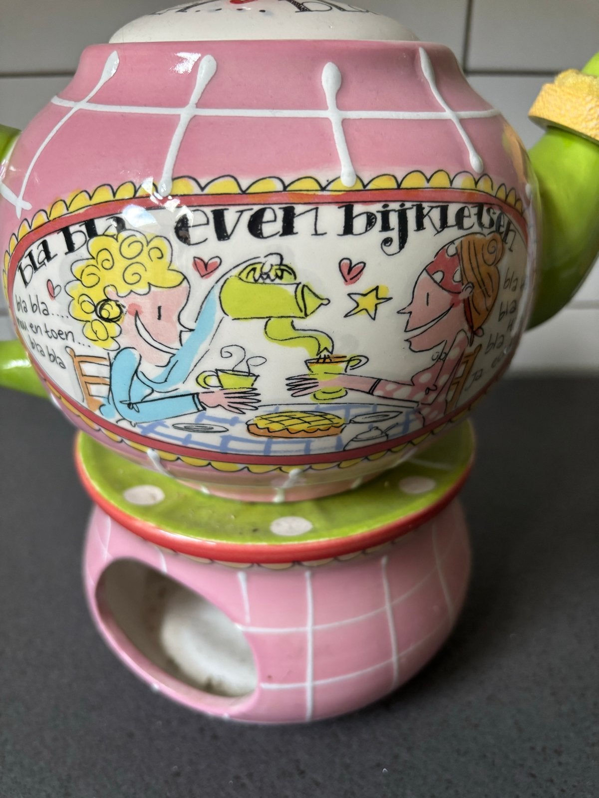 Blond Amsterdam theepot met theelichtje, Ophalen of Verzenden, Zo goed als nieuw, Steen/keramiek, Meerkleurig