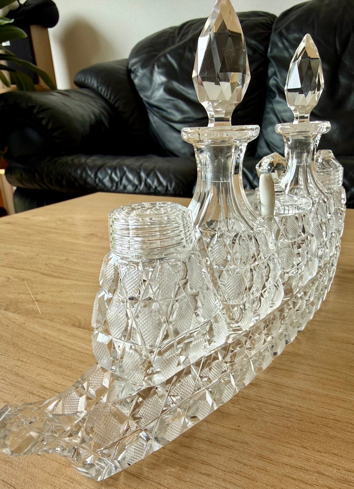 Vintage kristallen olie- en azijnstel met zout- en peperstel, Verzenden