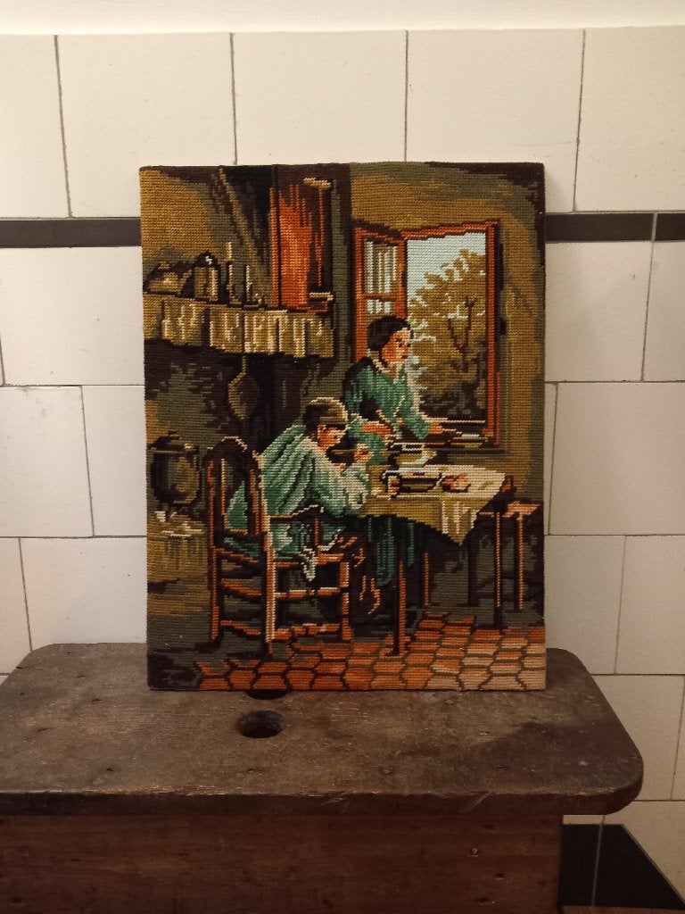 oud borduurwerk het diner, Frankrijk brocante antiek vintage, Antiek en Kunst, Ophalen of Verzenden