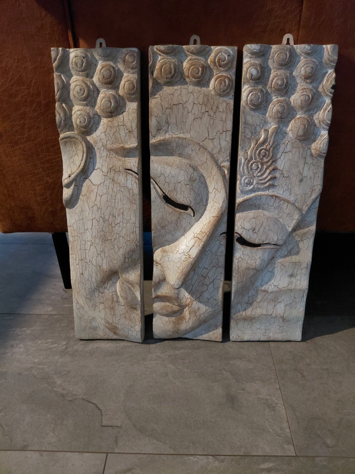 Buddha drieluik. Houtsnijwerk, Handgemaakt, Beige, Ophalen of Verzenden, Hout