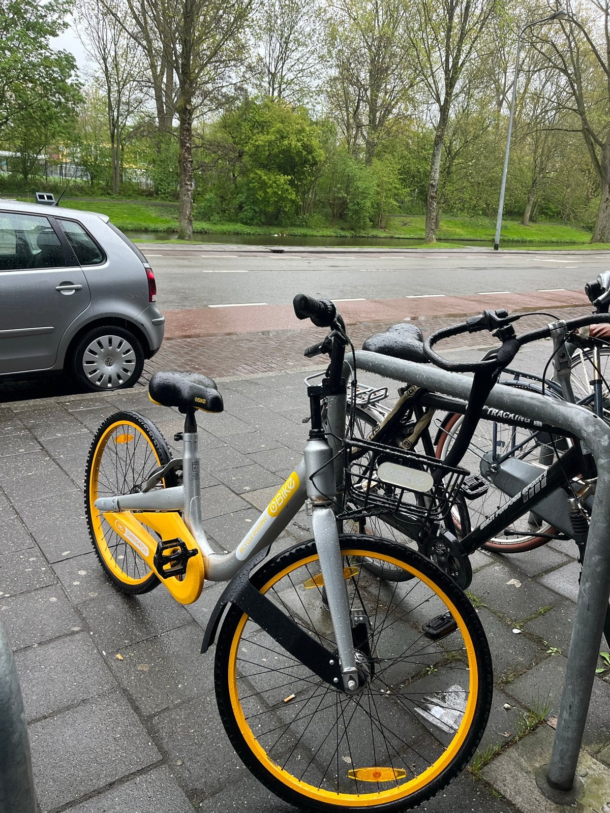 OBike deelfiets - damesfiets geel/grijs, Gebruikt, 47 tot 50 cm, Trommelrem, Ophalen