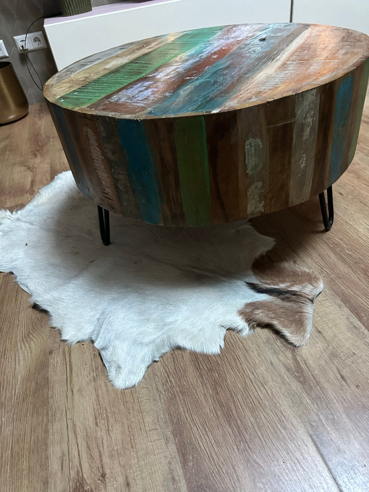 Unieke Salontafel van Gerecycled Hout - Rond & Kleurrijk, Ophalen, Rond, 50 tot 100 cm, Zo goed als nieuw