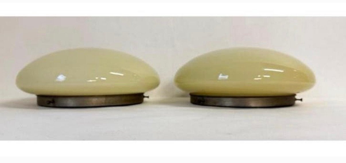 XXL vintage lamp geel glas halve bol Gispen stijl Ø 40 cm, Gebruikt, 34 cm, Metaal, Geel